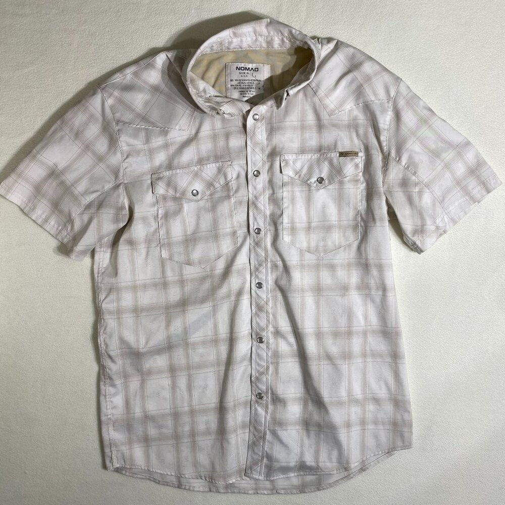Nomad Short Sleeve Snap Button Shirt mens Large Beige Plaid western ranch